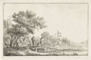 Three Fishermen on a Bridge Landscapes with Buildings (serietittel) av Anthonie Waterloo