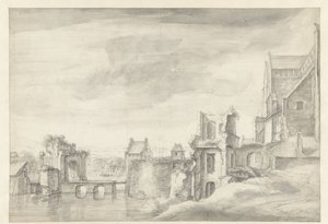 Utsikt over ruiner på en elvebredd (St. Walburgkerk i Arnhem?) av Anthonie Waterloo