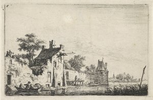 Bymur på vannet Landskap med figurer (serietittel) av Anthonie Waterloo