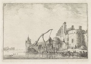 Bymur sett fra vannet Landskap med bygninger (serietittel) av Anthonie Waterloo