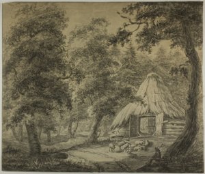 Stråtakhytte i skogen med gjeter og sau av Anthonie Waterloo
