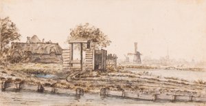 En gård ved et vann nær en landsby av Anthonie van Borssom