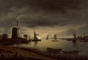 Elvescene med vindmølle og båter, kveld