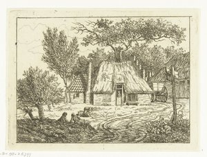 Vogn stående ved siden av gård med trappegavl Gård på Amstelveense Weg av Anthonie van den Bos