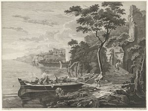 Figurer ved en lekter i et fjellandskap av Anthonij van der Haer