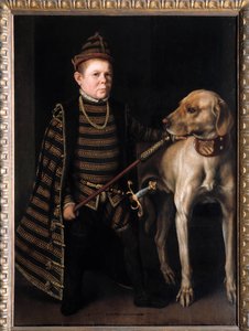 Portrett av dvergen til kardinal Granvelle, minister for Charles V-maleri av Anthonis Moor Van Dashorst Anthonis dit Antonio Moro (1517-1575/76). Det 16. århundre. Dim. 1,26x0,92 m. - Potrett av dvergen til kardinal de Granvelle, minister for Charles V.