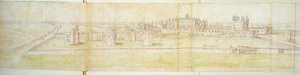 Hampton Court Palace fra nord, ca. 1544 (penn, blekk og wc på papir) av Anthonis van den Wyngaerde