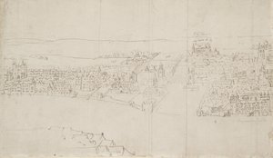 Panorama av London sett fra Southwark: Durham House til Barnards Castle (penn og blekk over svart kritt på papir) av Anthonis van den Wyngaerde