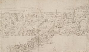 Panorama av London sett fra Southwark: London Bridge, 1554 av Anthonis van den Wyngaerde