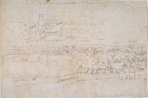 Ark med studier av Palaces of Hampton Court, Richmond og omkringliggende landsbygd, c1560s. av Anthonis van den Wyngaerde