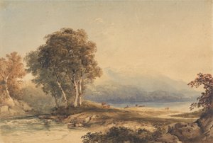 Fjelllandskap med innsjø og bekk av Anthony Vandyke Copley Fielding