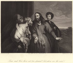 "Jesus sa: ble det ikke ti renset, men hvor er de ni?" (gravering) av Anthony van (after) Dyck