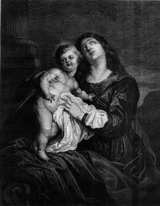 Jomfruen og Jesusbarnet. Gravering etter et maleri av Anton (Antoon eller Anthony) van Dyck (1599-1641). Gravering i "" Le Monde Illustré"" nr. 1239 av 25. desember 1880. av Anthony van (after) Dyck