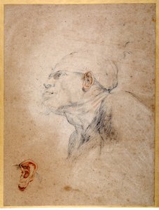 En manns hode bandasjert, venstre øre øvd separat (svart og rødt kritt på papir) av Anthony van Dyck