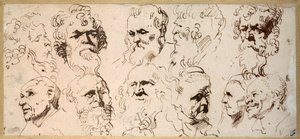 Elleve hodestudier (penn og brunt blekk på papir) av Anthony van Dyck