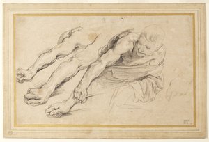 Figur av en mann som bøyer seg fremover med høyre arm utstrakt; tre studier av høyre arm, og en av venstre hånd for samme figur (kritt på papir) av Anthony van Dyck