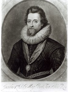 Portrett av James I (1566-1625) etter en miniatyr av Nicholas Hilliard (1547-1619) fra 1617, gravert av George Vertue (1684-1756) av Anthony van Dyck