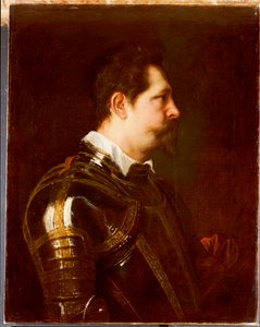 Portrett av en general, bystelengde, i damascenert rustning med hvit krage og rødt ramme av Anthony van Dyck