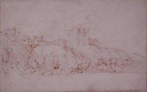 Ypres Tower, Rye, sett fra sør (penn og blekk på papir) av Anthony van Dyck