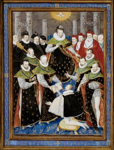 Kong Henry III (1551-1589) presiderer over den første seremonien til Den Hellige Ånds Orden (Den Hellige Ånds Orden) i 1587 Miniatyr av William Richardiere (1500-tallet) etter Antoine Caron (1521-1599) 1587 Chantilly, Musee Conde - Kong Henrik III (15 av Antoine (after) Caron