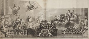Design av senterpanelet i taket av Grand Gallery of the Palais Royal, gravert av Nicolas Henri Tardieu (1674-1749) av Antoine (after) Coypel