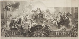 Design of Centre Panel of Ceiling of the Grand Gallery of the Palais Royal, engraved by Nicolas Henri Tardieu (1674-1749) av Antoine (after) Coypel