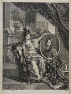 Louis XIV, konge av Frankrike, vitenskapens beskytter - gravering av Antoine Coypel History of the Royal Academy of Sciences, år 1703 av Antoine (after) Coypel