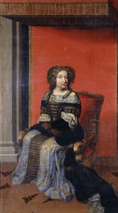 Portrett av dronning Maria Theresa, sittende i full lengde, i en juvelbesatt svart overdel med blondekrage og et blått og gullskjørt, på en trone (olje på lerret, uforet) av Antoine (after) Dieu