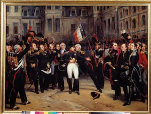 Abdikasjon av 1814 - "" Avskjeden fra Napoleon Bonaparte (1769-1821) til den keiserlige vakt i gårdsplassen til Cheval Blanc i Fontainebleau den 20.04.1814"" Maleri av Antoine Montfort (1802-1884) 1800-tallet søn. 0,98x1,3 m av Antoine Alphonse Montfort