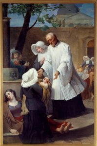 Saint Vincent de Paul (1581 - 1660) som tar seg av plantevernmidler (St Vincent de Paul Helping the Plague Ridden). Maleri av Antoine Ansiaux (1764-1840). Nantes, Museum of Fine Arts