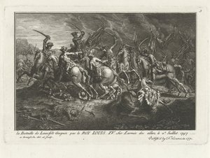 Utsikt over slaget ved Lauffeldt (Lafeld, nær Maastricht) 2. juli 1747 under den østerrikske arvefølgekrigen av Antoine Benoist