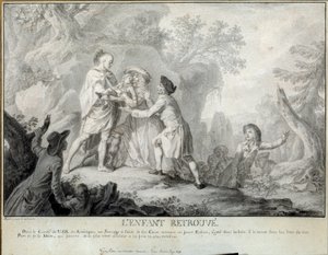 Barnet finner illustrasjon av "Letters of an American Farmer" av Saint John de Crevecoeur. Litografi av Antoine Borel (1743-1810) 1783 omtrent. Blerancourt. Musee Franco American av Antoine Borel