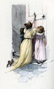 Josephine de Beauharnais gråter med barna sine Hortense og Eugene ved døren til rommet til Napoleon Bonaparte (1769-1821) og nekter å åpne ham etter å ha lært utenomekteskapelige eventyr under oppholdet i Egypt