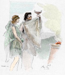 Odyssee d'Homere: """ Pisistrate sønn av Nestor foreslår en Telemaque en kopp vin i Pylos" (Peisistratus (Peisistratos eller Pisistratus), sønn av nestor ønsker telemachus velkommen i Pylos med en kopp vin) Illustrasjon av Antoine C