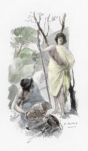 Odyssee d'Homere: sang XIII: Athena deguisee som en ung hyrde ønsker Ulysses a Ithaque velkommen (Odyssey av Homer: Odysseus vender tilbake til Ithaca og møter Athena forkledd som en gjetergutt) Illustrasjon av Antoine Calbet (1860-1944) for "The  av Antoine Calbet