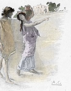 Odyssee d'Homere: sang VII: Odyssey av Homer: Odysseus hjulpet av Athena forkledd som en ung jente ankommer Alcinoos (Alkinous) palass) Illustrasjon av Antoine Calbet (1860-1944) for "The Odyssee" av den greske poeten Homere (Dyssey) av Homer av Antoine Calbet
