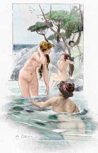 Odyssee av Homere: "Nausicaa, datter av kong Alcinous, og hennes tjenerinner som vasker klærne sine i elven" Illustrasjon av Antoine Calbet (1860-1944) for "The odyssee" av den greske poeten Homere (Odyssey av Homer) 1897 Privat samling av Antoine Calbet