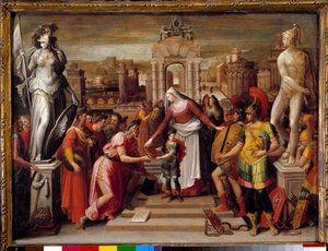 Historie om dronning Artemise Iere av Halicarnasse: "" Overleveringen av boken og epeen"" Maleri av Antoine Caron (1521-1599) Søn fra 1500-tallet. 0,51x0,67 m Beauvais, Musee departemental de l