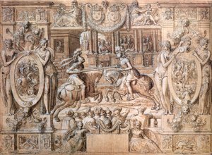 Turnering i anledning ekteskapet til Catherine de Medici (1519-89) og Henri II (1519-59) i 1533 (penn og på papir) av Antoine Caron
