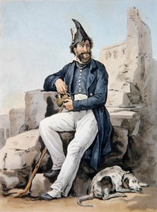 En skjeggete soldat (farge litho) av Antoine Charles Horace Vernet
