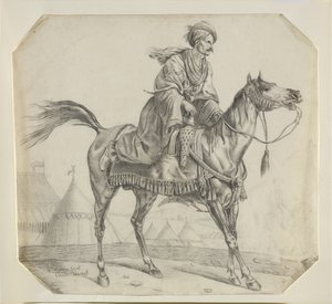 En mameluke som setter seg på hesten (svart kritt på papir) av Antoine Charles Horace Vernet