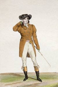 En Dandy kledd i en båtformet hatt, en dunfarget jakke og ridebukser, plate 1 fra 