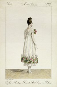 En dame med en asiatisk frisyre i en ballkjole trimmet med bånd, plate 4 fra 