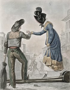 En kvinne som betaler en gatefeier for å krysse en landgang over en skitten gate av Antoine Charles Horace Vernet