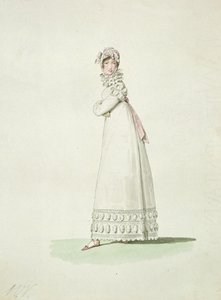 Elegant kvinne i en utendørs kjole, illustrasjon fra 