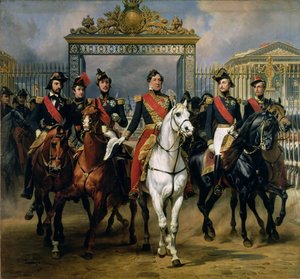 Kong Louis-Philippe (1773-1850) av Frankrike og sønnene hans forlot Chateau de Versailles på hesteryggen, 1846