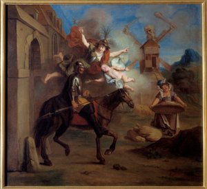 Don Quijote, drevet av galskap, forlater huset sitt for å gjøre seg til en vandrende ridder. "Den geniale gentleman Don Quijote fra La Mancha" av Miguel de Cervantes Saavedra (1547-1616). Maleri av Charles Antoine Coypel (1694-1752), mellom 1716. Olje på l