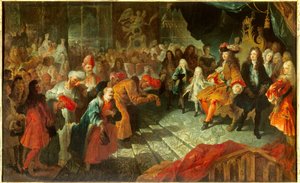 Kong Ludvig XIV (1638-1715) mottar Ambassador Extraordinary of Persia Mehemet Reza Bey (Raza-Bey) i galleriet til iskremen i Versailles 19.02.1715 Maleri tilskrevet Antoine Coypel (1661-1722) Søn. 0,7x1,5 m