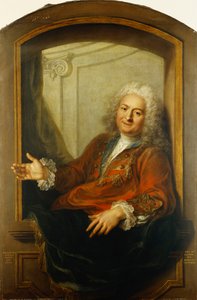 Portrett av Monsieur Dupille, midt på kroppen, i en kappe som sitter på kanten av et vindu, 1733