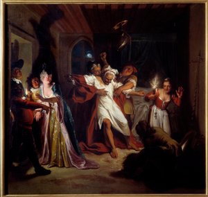 Sovende Don Quijote kjemper mot skinnene. «Den geniale gentleman Don Quijote fra La Mancha» av Miguel de Cervantes Saavedra (1547-1616). Maleri av Charles Antoine Coypel (1694-1752), mellom 1716. Olje på lerret. Mål: 1,23 x 1,28m. Compiegne, Musee National